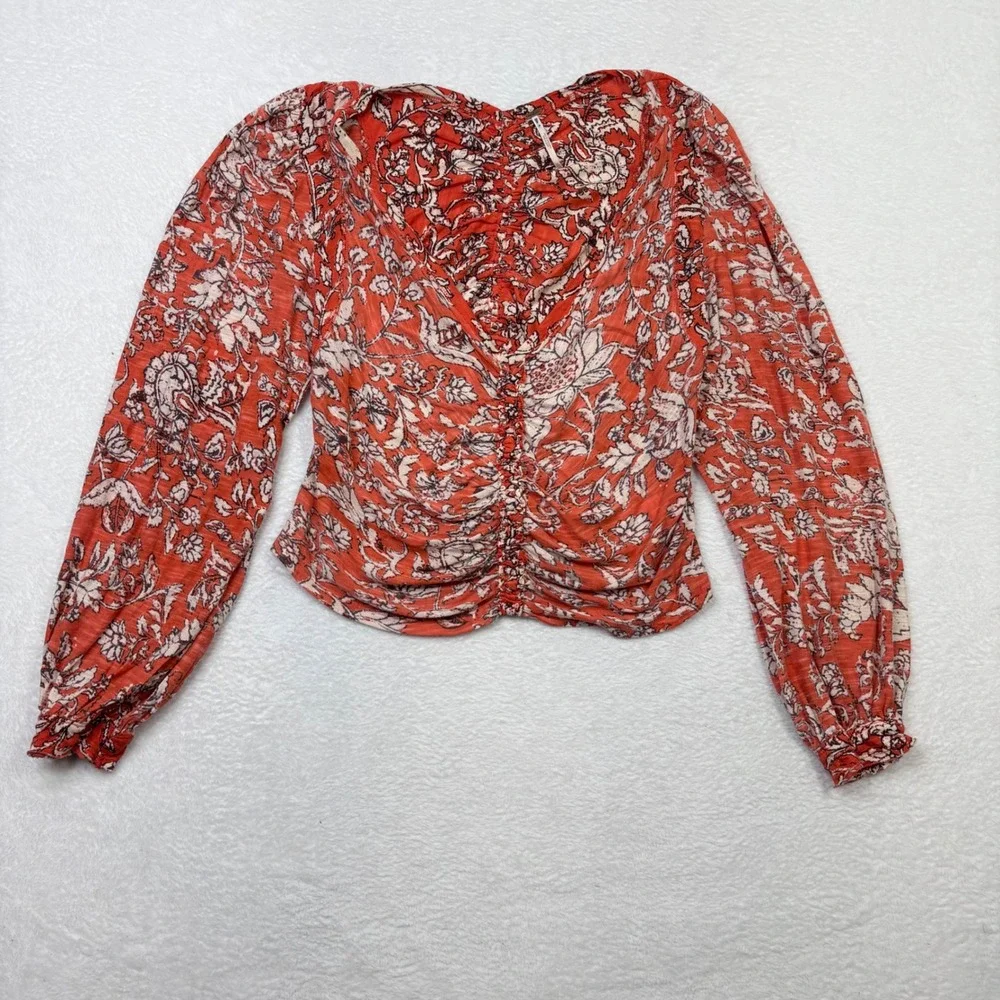 Free People Say The Word Ruched Front Floral‎ Long Sleeve Top Ruby Orange XL